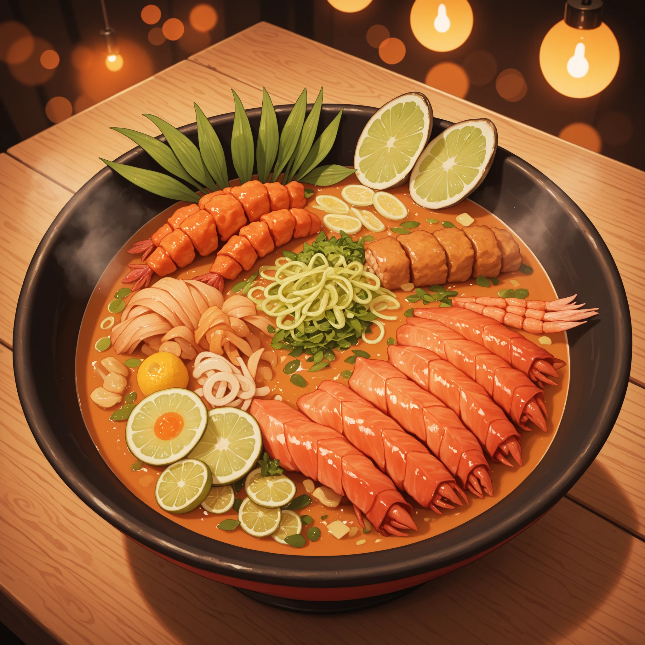 Detailed food illustration of a steaming bowl of delicious Tom Yum soup — vibrant orange-red broth filled with prawns, mushrooms, lemongrass, lime leaves, chili, and fresh herbs. Garnished with lime wedges and coriander, served in a traditional ceramic bowl on a wooden table. Background with soft bokeh kitchen lights or tropical Thai elements. Rich colors, realistic texture, appetizing and cozy vibe, perfect for menu design or culinary wall art, 8K resolution