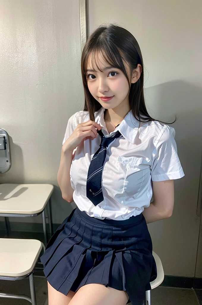 (reality: 1.4),Highest quality, masterpiece, Attention to detail, 16K quality, beautiful, 1 beautiful girl,Japanese,super beautiful face,Baby Face,Japanese idol face,Cute Face,Highly detailed face,Fine hand,beautiful skin,Oily skin,Big eyes,Professional Lighting,Medium Hair,Black Hair,brown beautiful eyes, smile,Big Breasts, White shirt,Open button,See-through nipples,(Check skirt),White panties,(Showing panties),Black knee-high socks,Spread your legs, She is looking at the camera,classroom, Browsing Caution,From directly below,Are standing,Skirt flip,