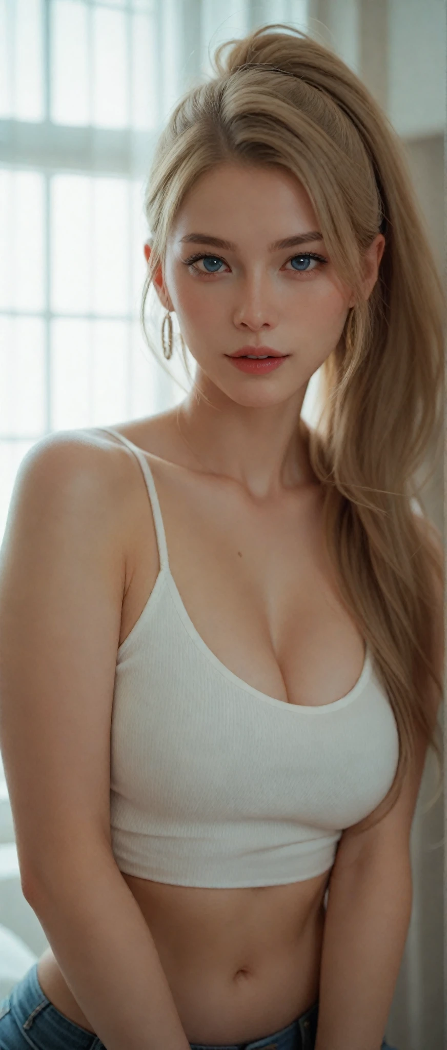 best quality，masterpiece，ultra high resolution，（realism：1.4），original photo，1 girl，take off shoulders，long white hair，huge ，face highlight，pure，Full of girlishness，18 years old，spaghetti straps，Black suspenders，Deep V big breasts，18 years old微笑女同学，pure，Innocent，（best quality，8k，masterpiece:1.3），Oval face，big eyes，long eyelashes，beautifully（Realistic style），star eyes，ultimate face，real light and shadow，clear facial features, fair and silky skin，White skin， High detail skin， Realistic skin details， Visible pores，（Super detailed），（Perfect body：1.1），long white hair，（dynamic poses），((dynamic background((Volumetric light：1.3))，Room，ground