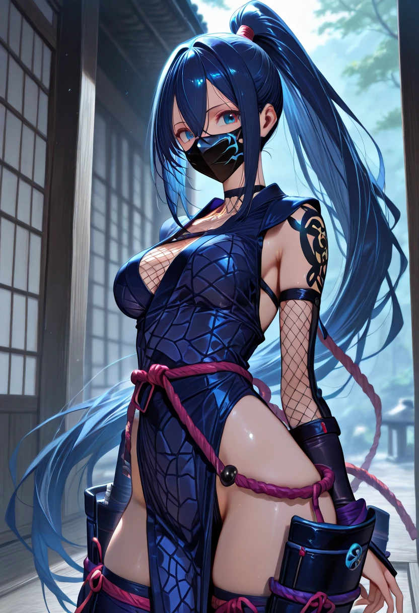masterpiece, best quality, ultra-detailed, illustration, colorful, flat color, depth of field, lens flare, 1girl, sona buvelle, blue hair, gradient hair, twintails, hair ornament, anime, sitting, shibari, red rope, tied up, eye band, covered eyes, round gag, tears, at dark basement, micro bikini, navel, detailed skin texture, beautiful detailed face, huge breasts, curvy, voluptuous, bruises on body, slap marks, whip marks