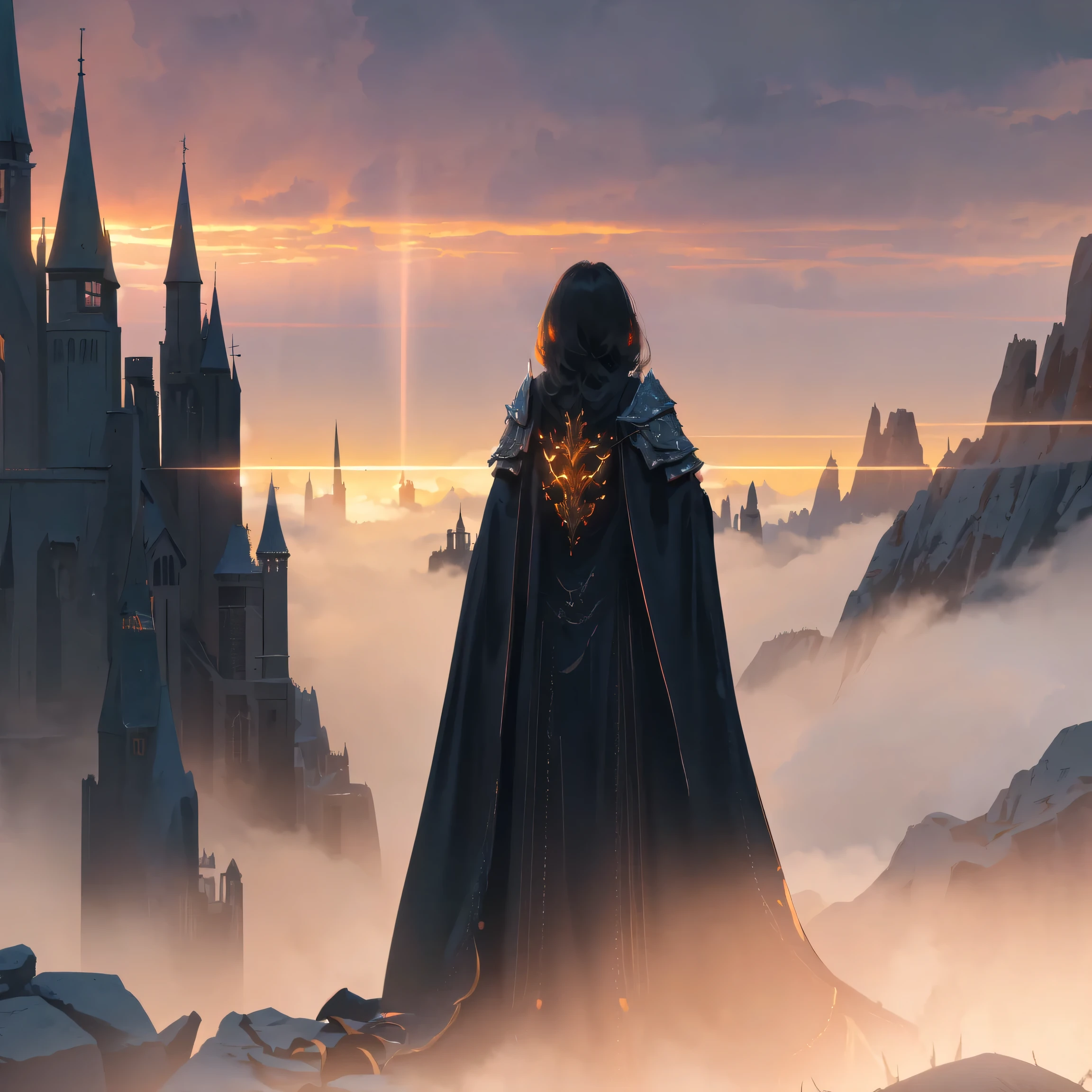 armor, building, castle, cloud, cloudy_sky, full_moon, gauntlets, (((helmet))), horizon, moon, moonlight, mountain, mountainous_horizon, night, night_sky, red_moon, sky, solo, (planet), starry_sky, sun, sword, tower, weapon, cloud, cloudy_sky, gradient_sky, horizon, lens_flare, moon, mountain, night, night_sky, orange_sky, outdoors, planet, red_sky, scenery, shooting_star, sky, skyline, skyscraper, solo, starry_sky, sunlight, tower, twilight, yellow_sky, (looking_back), ((game title JRPG)), ((JRPG title screen)), ashes, dust, (fantasy), knight looking at a celestial monster in background, (looking_back), (knight_armor), sword, shield, (post-apocalypse), (celestial_monster), a celestial monster in background, ((JRPG style art)), fog.