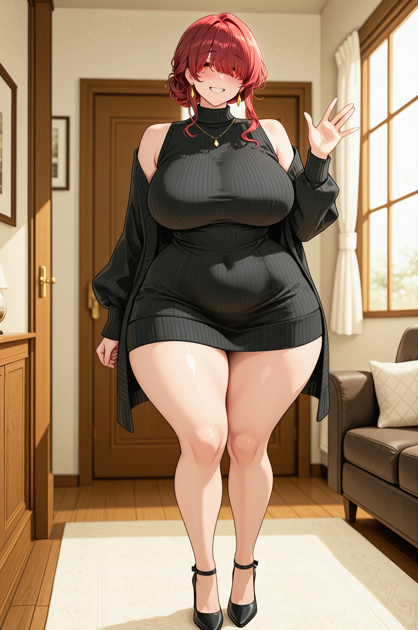 (Full body, glasses), An image of a pregnant girl with her belly on full display wearing a babydoll. She is a very voluptuous lady with blonde hair and green eyes