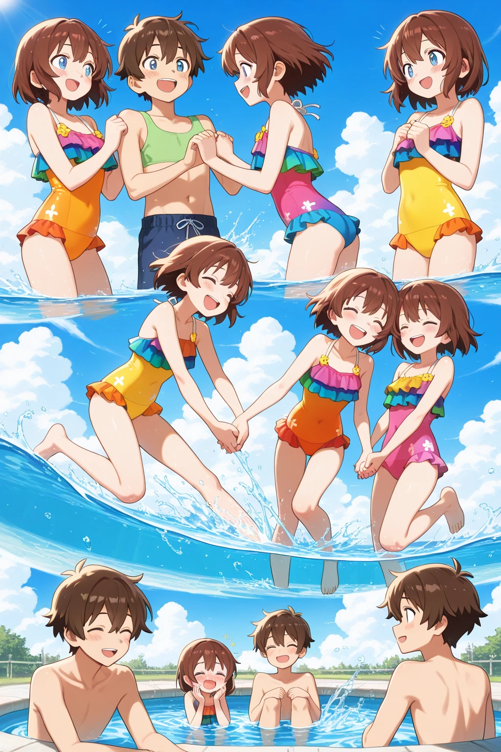 (Two Shotas:1.5), (baggy:1.4), (White tank top:1.3), (Hole-opening brief bikini:1.3), (erection&ejaculation:1.2), (Looking up:1.4), The wind is blowing, (((Highest quality))), (((Handjob))), (((Super detailed))), (skinny:1.3), ((Perm Hair)), (The wind is blowing), ((Black Hair)), Wine red eyes, Arms back, ((smile)),  (Love juice from genitals), ((Earrings)), blue sky, Grass, (Excited state), Underarm, Sweaty skin, ((Wet clothes)), center, (Shooting from below),