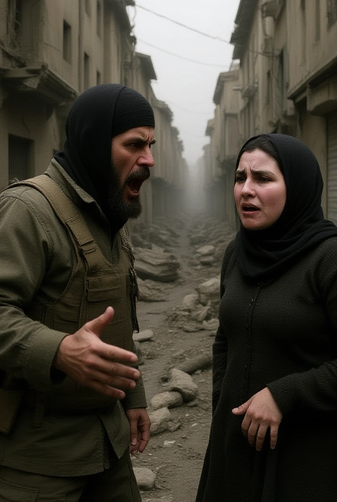 A man beating a pale skin kurdish woman in hijab nude shoulder nude arm breasts in village room angry raged  embracing from behind 