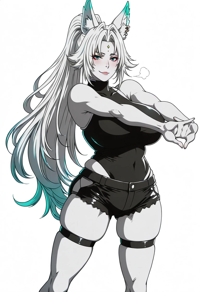 (butcha-u-style:1.4), (akitsuki_karasu-style:1.2), (kunaboto-style:1.2), ((anatomical correct)), (lineart:1.4), ((monochrome, greyscale, manga-style, spot colors)), perfect body, perfect eyes, perfect fingers, gasping, heavy breathing, gasping profusely, ((skindentation)), ((curvy)), Fe1x10, animal ears, long hair, ponytail, multicolored hair, white hair, red eyeliner, ringed eyes, forehead mark, ear piercing, athletic body, (voluptuous:1.5), (mature female:1.5), ((vignetting)), 1girl, solo, shorts, smile, sleeveless, sleeveless_shirt, looking_at_viewer, white_background, shirt, short_shorts, blush, breasts, simple_background, black_shorts, stretching, black_shirt,