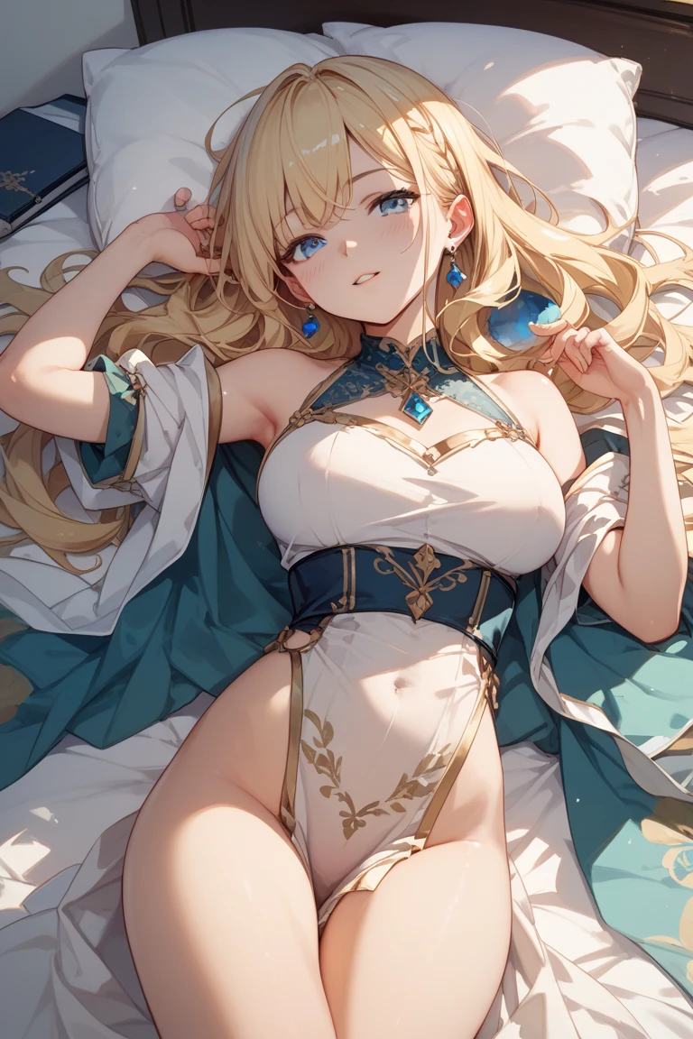 (close up:1.1) (adult woman:1.2) (nude:1.1) (topless:1.1) (elaborate beautiful dress:1.2) (athletic build:1.4) (from above) (lying face down in bed) (golden halo) sapphire blue rose choker, night, dark cozy bedroom, mood lighting, on bed, Absurd, Perfect ???????, performance, Good lighting, Shadows in the movies, large breasts, large butt, thin waist, Long HAIR, (blonde hair), (loving look:1.4), original HAIR style, Dynamic Angle, (detailed face:1.3) (dynamic lighting:1.5), (sapphire blue eyes) (sapphire blue leaf bracers on arms) (sapphire blue leaf hair piece) (elaborate golden necklace) (blue roses on bed:1.3) (blue roses in hair) (stunning beautiful blue eyes:1.5)