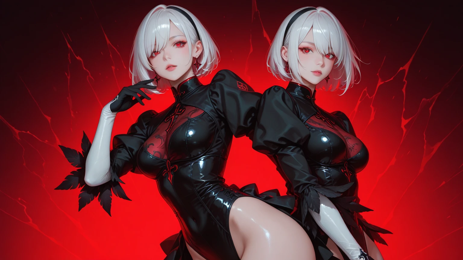 sexy girl, torn clothes, short white hair, red eyes, showing her ass, with a naughty face