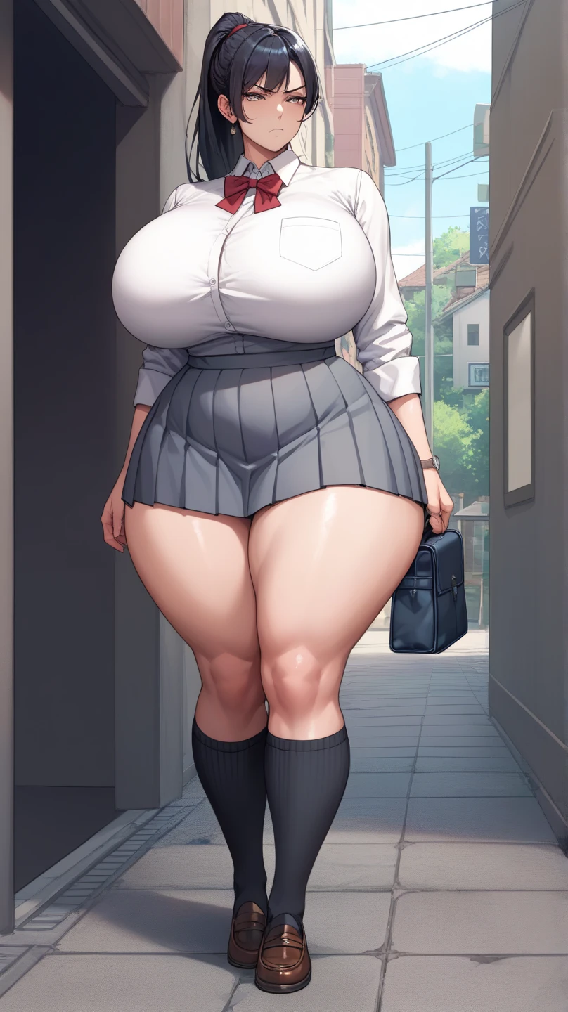 Himiko_toga, (masterpiece, highest quality,perfect lighting), 1 girl, alone, grin, portrait, school uniform, thick thighs, round chest, high heels, Buttons fly off the shirt, Are standing, put your hands behind your back