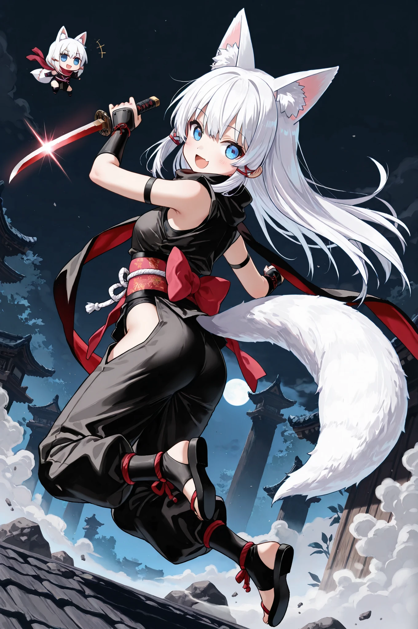 ((Masterpiece)),((best quality)),((incredibly absurdres)),((8K)),((anime style),
(1 chibi girl),((Deformed chibi)),(anime chibi),solo,white hair,long hair,straight hair,blue eyes, face,cute,kawaii,BREAK (white fox ears,white fox tail),white ear hair,pink inner ear,
black ninja costume,Black scarf,looking to the back,ninja pants,(glowing red dual dagger),
(:3),smile,open mouth,
attack action,(The chibi girl is jumping and in the air),dynamic pose,Dramatic lighting, cinematic composition, suspenseful atmosphere,
night,Sengoku period,dark background,fog surrounding the area,
full body,dynamic angle,