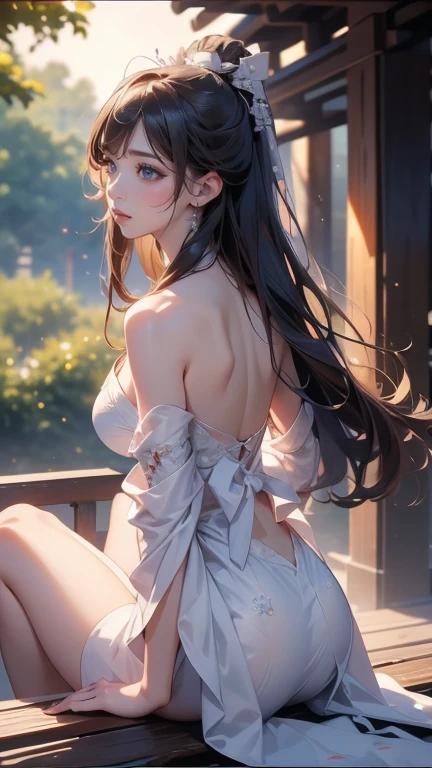 tmasterpiece，best qualtiy，8K，Detailed cloth texture，primitive：1.2，realisticlying：1.4，Grotesque，1个Giant Breast Girl，Solo，ff Tifa，Most detailed，opens his eyes wide：1.3，eyes reflection：1.5，eyes with brightness：1.5，White skin，White ultra-thin transparent tights（Silky），Slim，Thin leg，sit on a bed，legs are open，hunchback，Rear lens，back to look back，rays of moonlight，indoor background