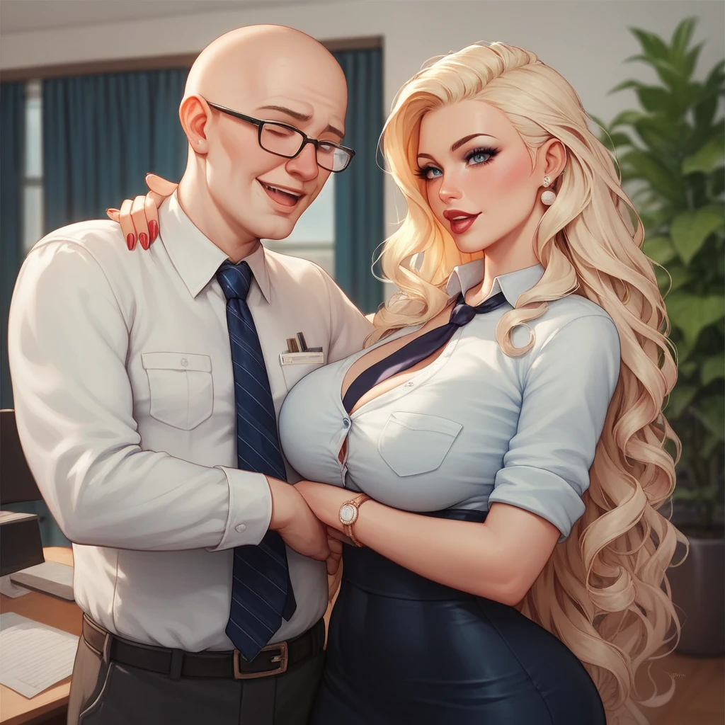 (Unbeatable masterpiece, ultra realistic 8k cg, Perfect artwork, perfect women figure,dramatic shadow,Ray tracing),in a office,(The bearded glasses of 70 groped her OOR from behind:1.3),Sticking to the breast,Grab the ass,mini-skirts,white colors,Behind,White knee-length socks,(1girl blue eyes and blonde hair soon curly),Big ass until waiting to be worn,(miniskirt sexy_Outfit:1.3), (white clothes:1.3),(The old man hugged her from behind:1.3),The posture is diverse。Longing for a new life,The cheeks are flushed,Confused eyes