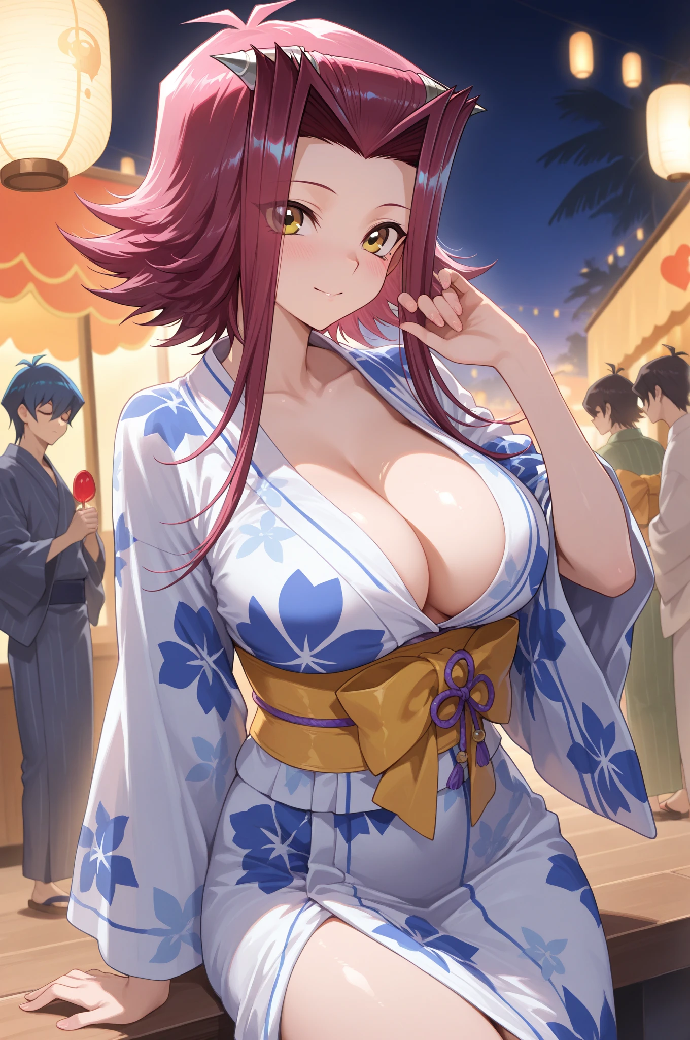 Photographed at a night festival,Photograph the whole body,Are standing,Nakano May, Itsuki Nakano, Bangs, Blue Eyes, Hair between the eyes, Ahoghe, Red Hair,Star O \(symbol\), Hair Ornaments, Star Hair Ornament,Big Breasts,Fully exposed breasts,Showing nipples,Show your vagina,Yukata with a white floral pattern,Are standing