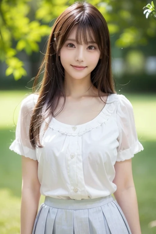 (Full Body Shot:1.1), (panorama:1.8), Cinema Lighting, ((Highest quality)), (RAW Photos, Highest quality), ( Realistic:1.4), realism, masterpiece, Very delicate and beautiful, Very detailed, 4k wallpaper, wonderful, finely, Very detailed CG unity 8k wallpaper, Very detailed, High resolution, Soft Light, Japanese, (one shot:1.9), (22 years old:1.6), (Round face:1.2), (Fat:0.8), (A neat and clean woman:1.5), Beautiful detailed woman,Famous Japanese actresses, Detailed face, finelyて美しい目, Very detailedな目と顔, Beautiful eyes and a beautifully detailed nose, Ultra HD glossy lips, (Straight Hair:1.4), Shiny Hair, Shiny Hair, Brown Hair, (bangs:1.4), Long, slender legs, Toned body, (Smiling:1.2), Natural Makeup, (Intricately decorated white blouse:1.3), (Blouse tucked into skirt:1.2), (Printed flared long skirt:1.3), (pumps:1.2), Accentuate your body lines, (Model pose:1.5),