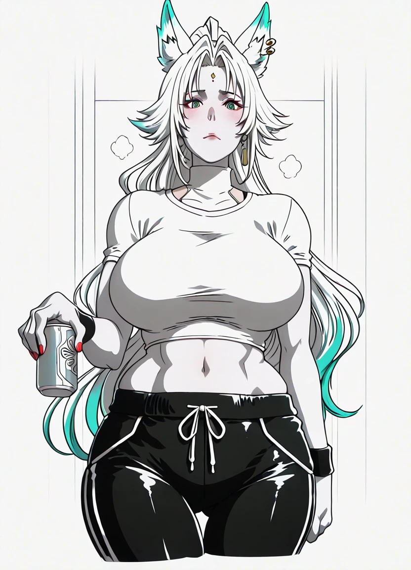 (butcha-u-style:1.4), (akitsuki_karasu-style:1.2), (kunaboto-style:1.2), ((anatomical correct)), (lineart:1.4), ((monochrome, greyscale, manga-style, spot colors)), perfect body, perfect eyes, perfect fingers, gasping, heavy breathing, gasping profusely, ((skindentation)), ((curvy)), Fe1x10, animal ears, long hair, ponytail, multicolored hair, white hair, red eyeliner, ringed eyes, forehead mark, ear piercing, athletic body, (voluptuous:1.5), (mature female:1.5), ((vignetting)), 1girl, solo, navel, earrings, ahoge, midriff, jewelry, shirt, breasts, holding, looking_at_viewer, pants, white_shirt, can, underwear, red_nails, black_pants, crop_top, blush, closed_mouth, wristband, short_sleeves, track_pants