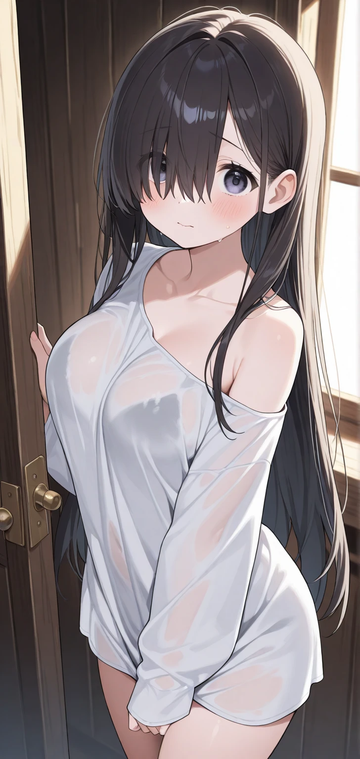 Illustration of a beautiful junior high school girl with long, straight black hair and glasses putting on a bra for the first time; the bra is off-white in color.