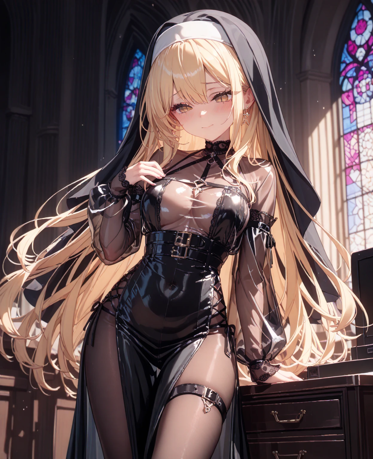 highest quality,wonderful,finely,extremely detailed CG Unity 8K wallpaper, (girl, very long hair, blonde, clothed), (nun :1.2), (huge breasts), (cleavage cutout), (open mouth:1.1), (long tongue:1.1), (mouth drool:1.1), (black stockings:1.1),(Thighs:1.2),(Waistline:1.2),(black blindfold, blindfold:1.5)