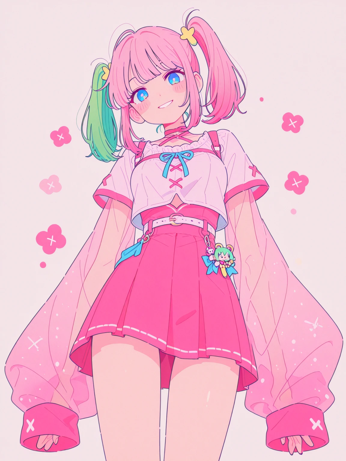 Cay has green skin with red lips, green eyes, and pink eyebrows. Her pink hair is tied into a gathered ponytail and has face obscuring bangs. She has a pair of black antennae attached to the top of her head. Cay wears a light blue tank top with lines indented in it. She has a caterpillar skirt with blue and pink spots on the front. Cay wears pink Mary Janes and wears a blue flower in her hair. SPARKLE; GLITTER