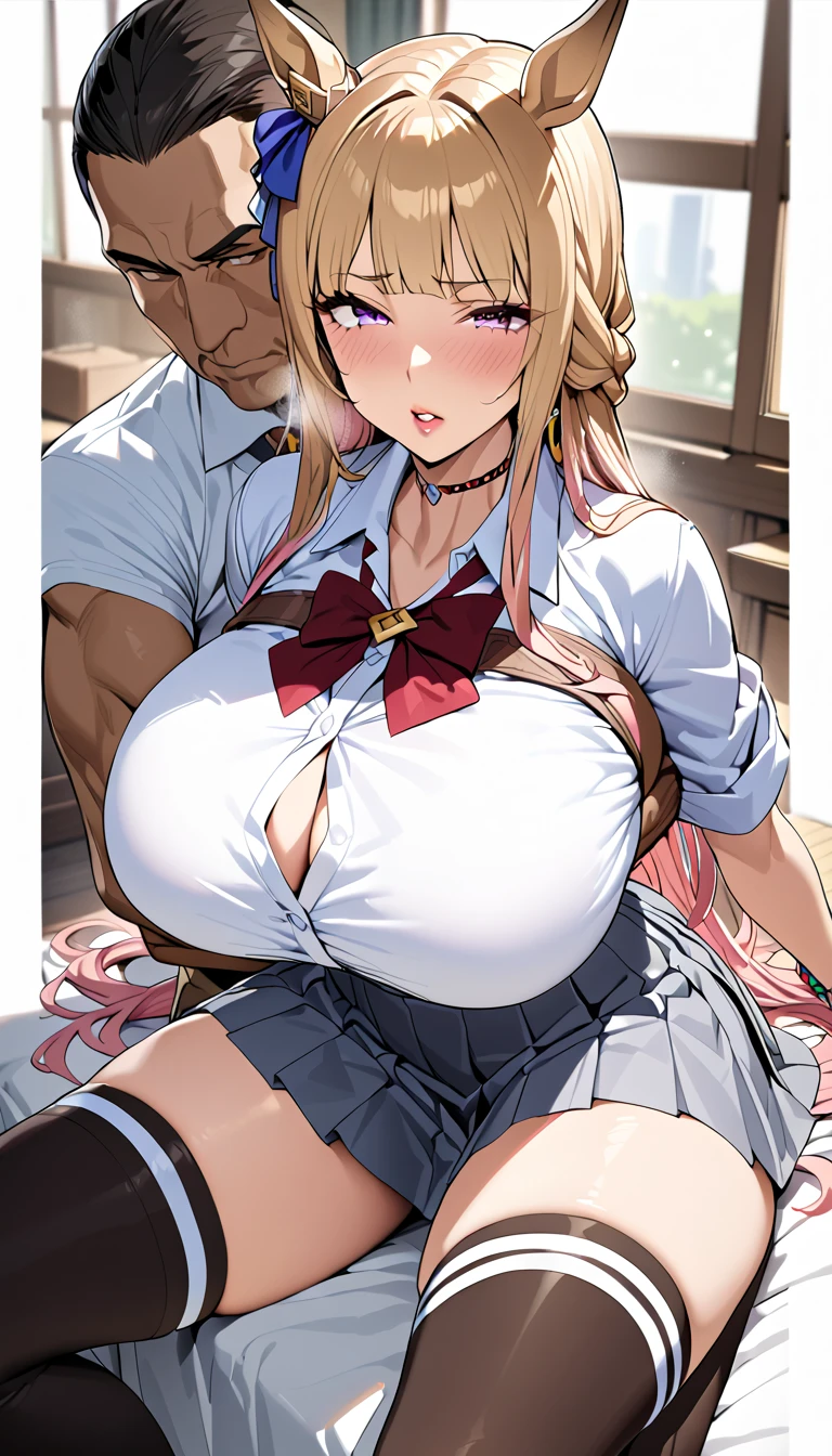 Eri Ayase、lovelive 、Blonde Ponytail、Beautiful woman、cry、Blazer Uniform、Very short pleated skirt、Very thick thighs、Photo session、Acme Face、Best image quality、High resolution、masterpiece、super high quality、Screaming orgasm face、Black panties、Black bra、Very big ass、Very large breasts 、Blushing、4K quality、Blushing、cry of ecstasy、Wearing black knee socks、Sweaty all over、Heavy breathing、Cowboy Shot、Shaking breasts、上下にShaking breasts、Penis sheath、Cowboy Shot、Have sex with a man、Multiple menに囲まれている、Multiple men、{Highest quality}, {so beautiful}, {Very detailed}, {Best illustrations}, Browsing Caution, girl, Blowjob, penis、Angle from directly below、Obscene sound effects、Dirty sound effects、Sweaty body、Putting a penis in your mouth、Deepthroat
