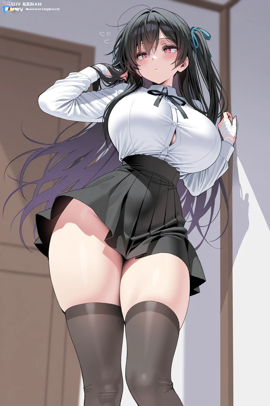 Black hair, twin tails, wavy hair、Girl、Glasses、Huge breasts、glamorous、Thick thighs、Formal Shirt、Purple short tie、(Take off the black pleated skirt:2.0、Purple low rise panties:1.5、Camel toe:1.5、Absolute area、Black knee-high socks and garter belt)、Lying in bed、Shooting from behind、looking at the camera、Close up on crotch:1.5、NSFW、Ecstatic face、Climax face、Prostitute、Bitch、