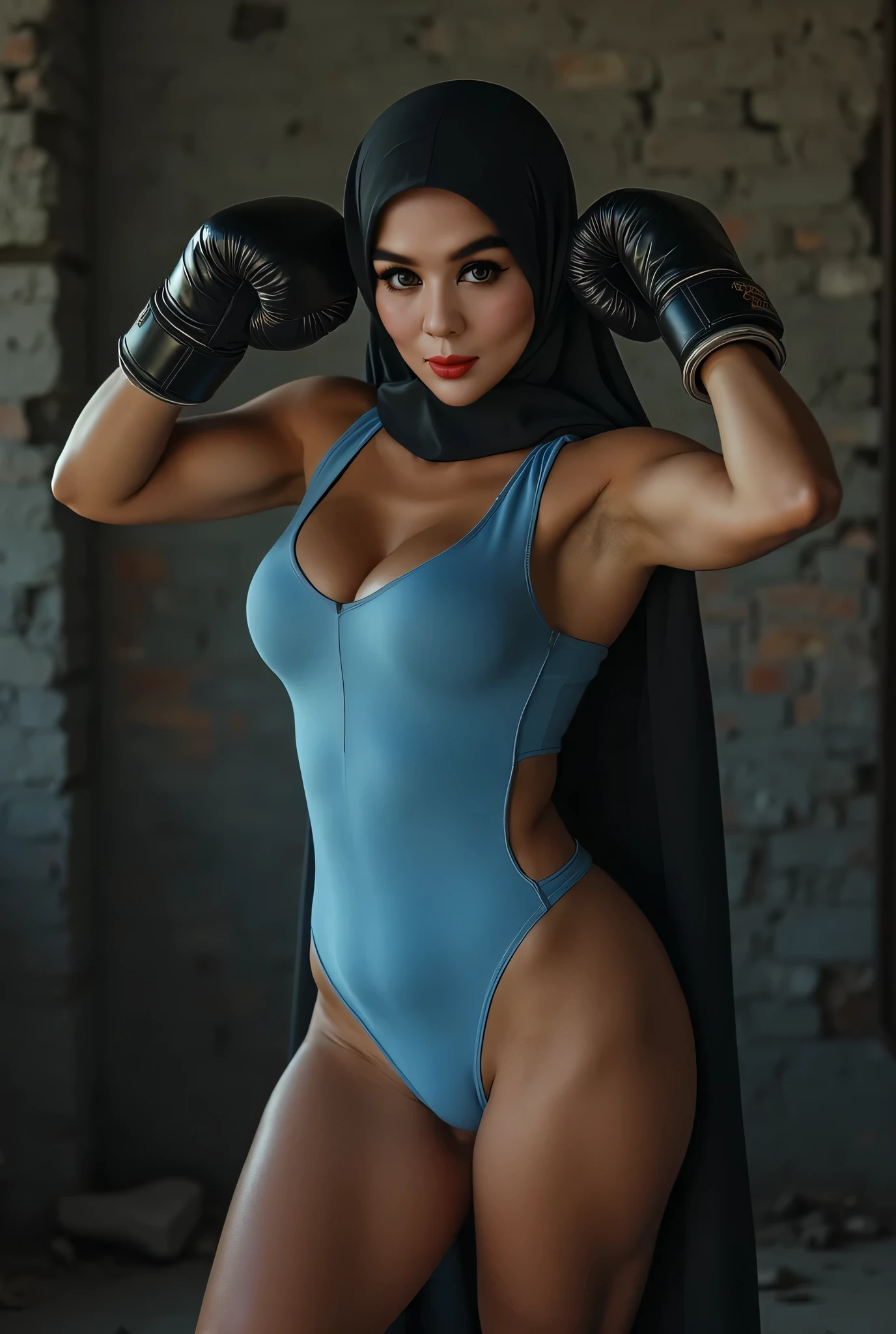 ALEXA DAVALOS , MMA FIGHTER, BOMBSHELL WOMAN, LONGS LEEVES LEOTARD, BLUE RED BODYSUIT, WHITE STRIPES, RED HEADBAND, RED ARMBAND, WHITE NECK ZIPPER, EXPOSED TIGHS, MUSCLES, STRONG TIGHS, QUADRICEPS, BRAIDED BLACK HAIR, MAJESTIC BODY POSE, FRONT VIEW, DAYLIGHT, BACKLIGHT, EMPTY RING, MASTERPIECE