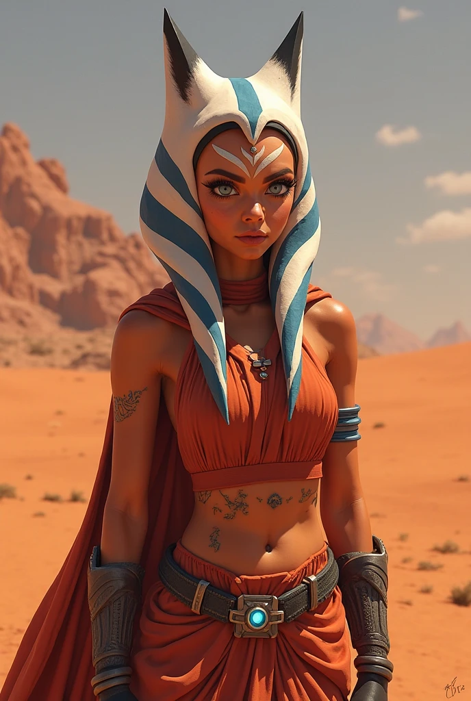 (masterpiece, best quality), 1girl, beautiful face, ahsoka_tano, orange skin, facial mark, tattoo, cleavage, fully clothed, red jedi robe, walking, sexy pose, serious look, curvy body, full body shot,