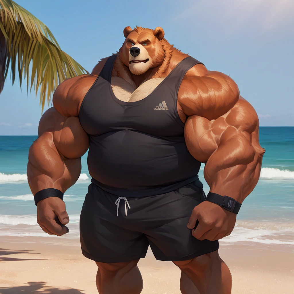 huge muscular Eurasian brown bear in St. Petersburg beach, big smirk, light Eurasian bear, huge light brown fur, thick arm, huge arm, golden mustache, short Golden hair and beard, (muscular, pectoral, wide pectoral, thick arms), realistic, 8k, masterpiece, detailed golden eyebrows, detailed eyes with blue pupils, (wearing dark blue shorts, wristband, watch, light blue tank top and white shoes), vibrating and bouncing his pecs like a drum