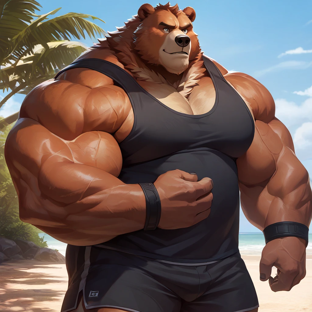 solo, 1boy, Huge Muscular White Polar Bear Dad Dude, huge white fur, pectoral, huge pectoral, wide pectoral, short white hair, blue-colored short trunks, black wristbands and shirtless topless, bearded, white Mustache, white fur, tooth necklace, beach background, masterpiece, high detailed, 8k, high resolution, at the beach, running and jogging on the beach being athletic in sweat