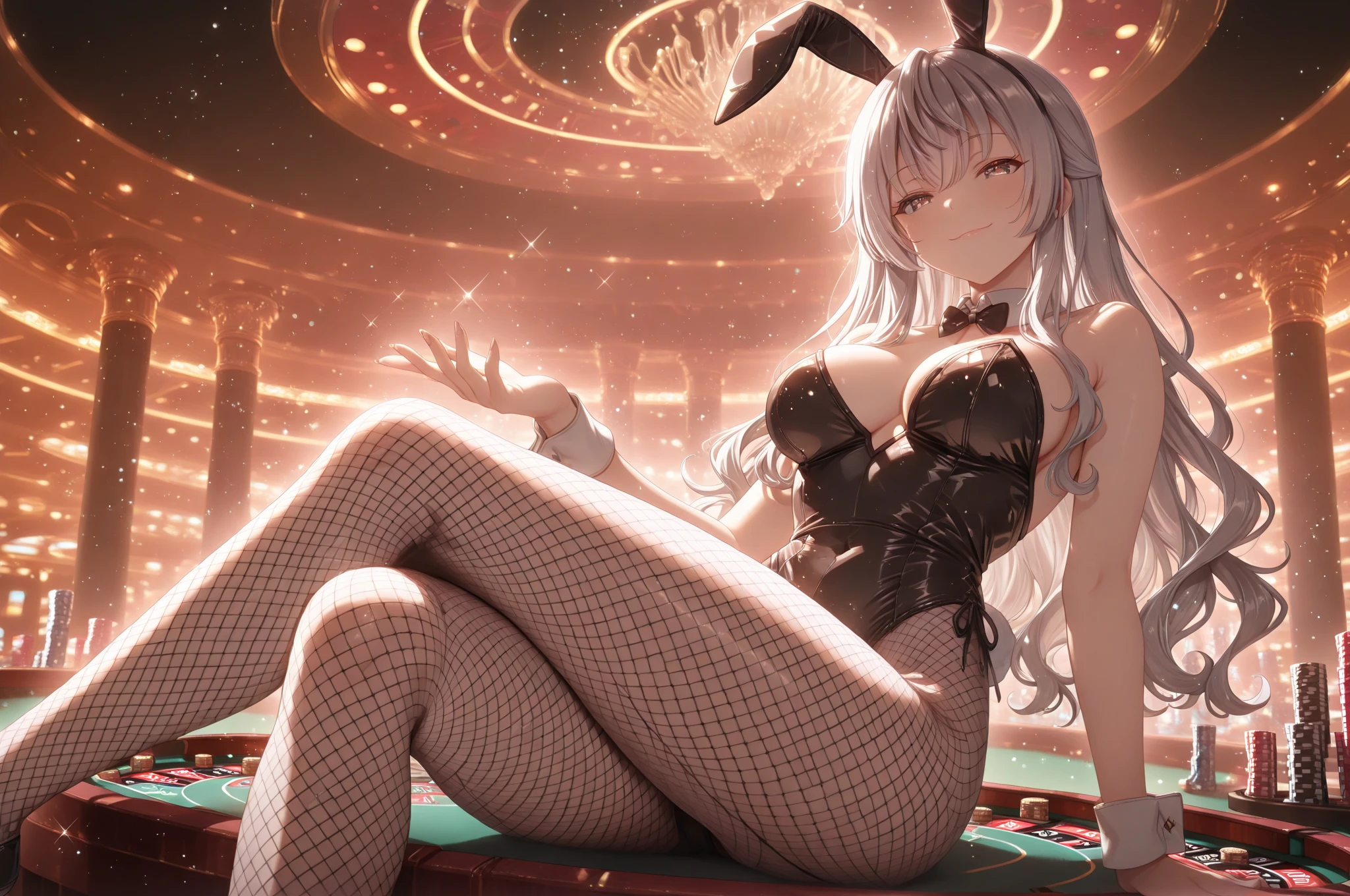bunnygirl、Beautuful Women、huge tit、fishnet tights、Usami Band、a bow tie、high-heels、gloves、cleavage of the breast、casino