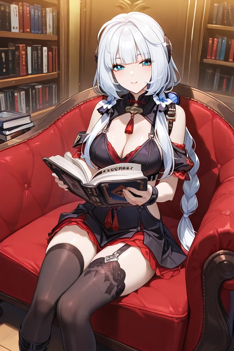 Stunning bouquet of roses and lilies in a ceramic vase, red and white colors, a cozy room, a garland, an open window, the moon and stars, evening, an atmosphere of comfort, 1girl, sit, want to drink coffe, reading book, big boobs