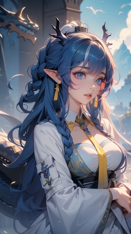 Mulher nova com cabelo rapunzel azul extremamente longo e intenso, ((cabelo da cor azul intenso e forte)), (( chifres brancos)), Orelhas de elfo e chifres brancos, Ela tem um corpo volumoso e os seios, breasts and bust are huge, ela tem um rosto macio delicado lindo e perfeito ;, Teatro, piano, palco, espectadores, Unique light ;.