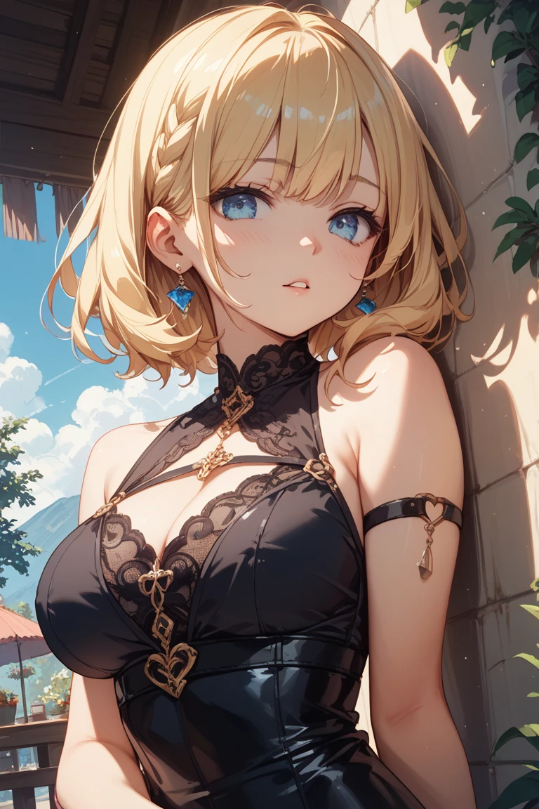 (Luminernd),masterpiece,huge breast, outdoors, looking at viewer, detail eyes, detail face, standing, smile, (front view:1.3), Yu Mei-Ren (Fate) Clothing, upper body shot