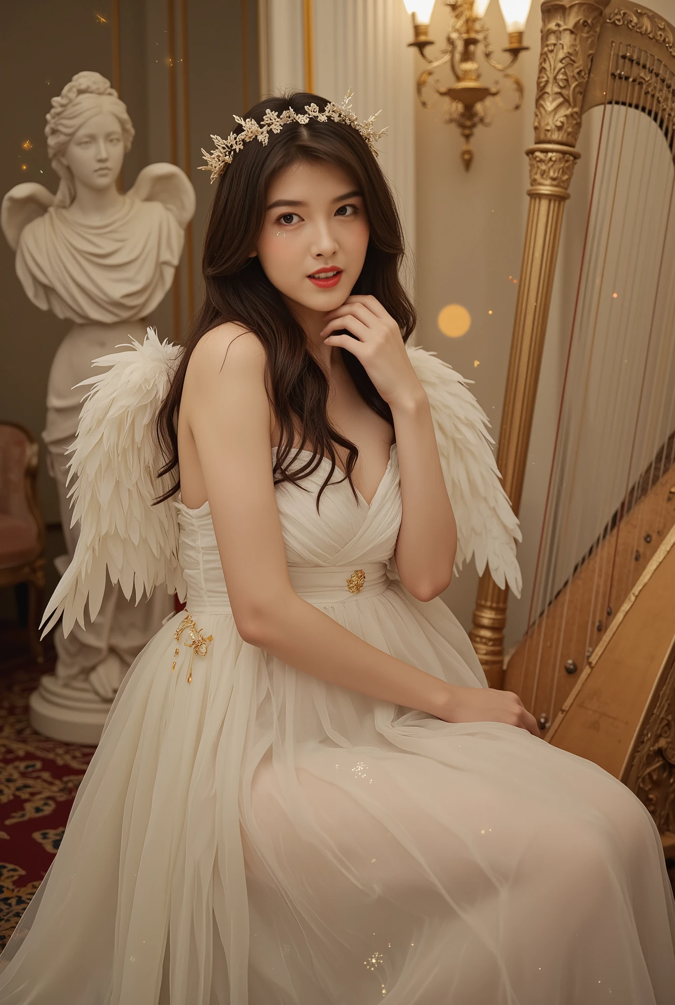 there is a woman sitting on a pedestal with a white dress, a picture by Marie Angel, tumblr, baroque, emma watson as an angel, beautiful angel, natalie shau,  as a heavenly angel, of an beautiful angel girl, beautiful female angel, ballerina, beautiful fairie, dressed as a ballerina, a beautiful pole dancing fairie, beautiful fairy
