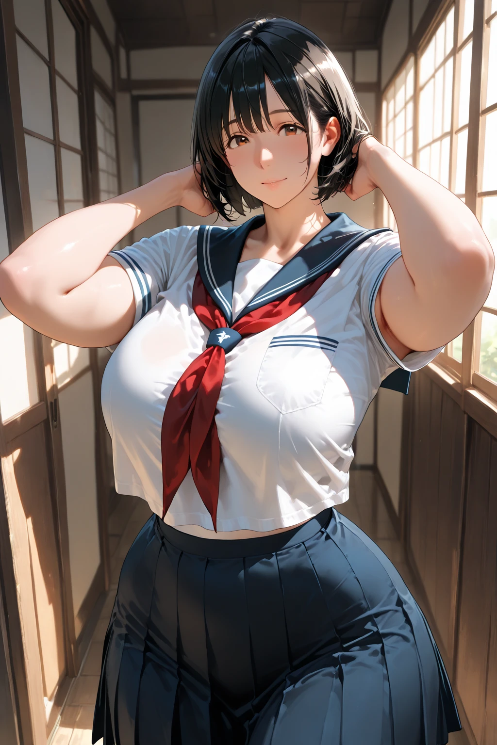 ,Open mouth, large breasts,wide hips,,twin braids,brown hair,long hair,blush,,standing,cowboy shot,navel,single thighhigh,sleeveless,red skirt,black necktie,white groves,white shirt,black sailor collar,Bright glossy screen,,black hair,,open mouth, ,,huge breasts,,narrow waist,navel , eyelashes, eyeshadow, lips,, 8k, hdr, raytracing,bikini,large cleavage,beach