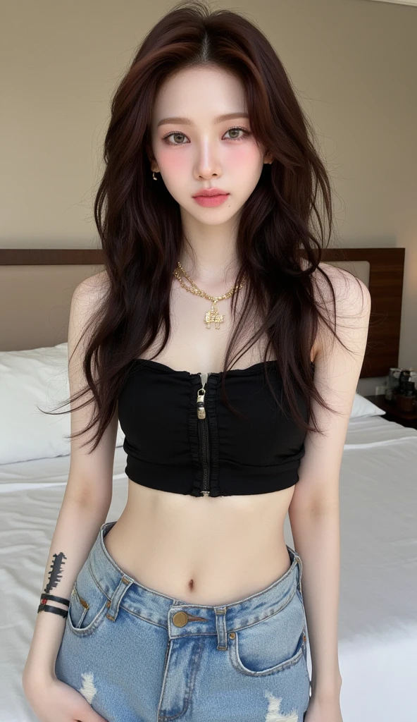 ((Midnight, Extreme, 8k, Masterpiece: 1.3)), Full Body, Long Legs, Focal Length: 1.2, Perfect Body Beauty: 1.4, Slender Abs: 1.1, ((Dark Brown Hair, Big Breasts: 1.2 )), (even Body skirt: 1.2), ((city night view, roof: 1.3)), highly detailed facial and skin textures, detailed eyes, double eyelids