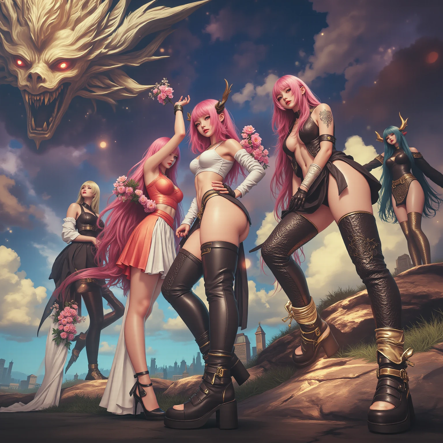 three naked petite girls, different color hair, petite girls with small breasts, detailed ass, anus, petite girls with demon horns, petite girls with stunning eyes, petite girls with tribal tattoo,  girls wearing  socks and boots, girls  girls wearing collars,  girls wearing  skirts without panties, lifting their skirts and showing their asses, walking in the desert sands, night, ultra HD, 8K