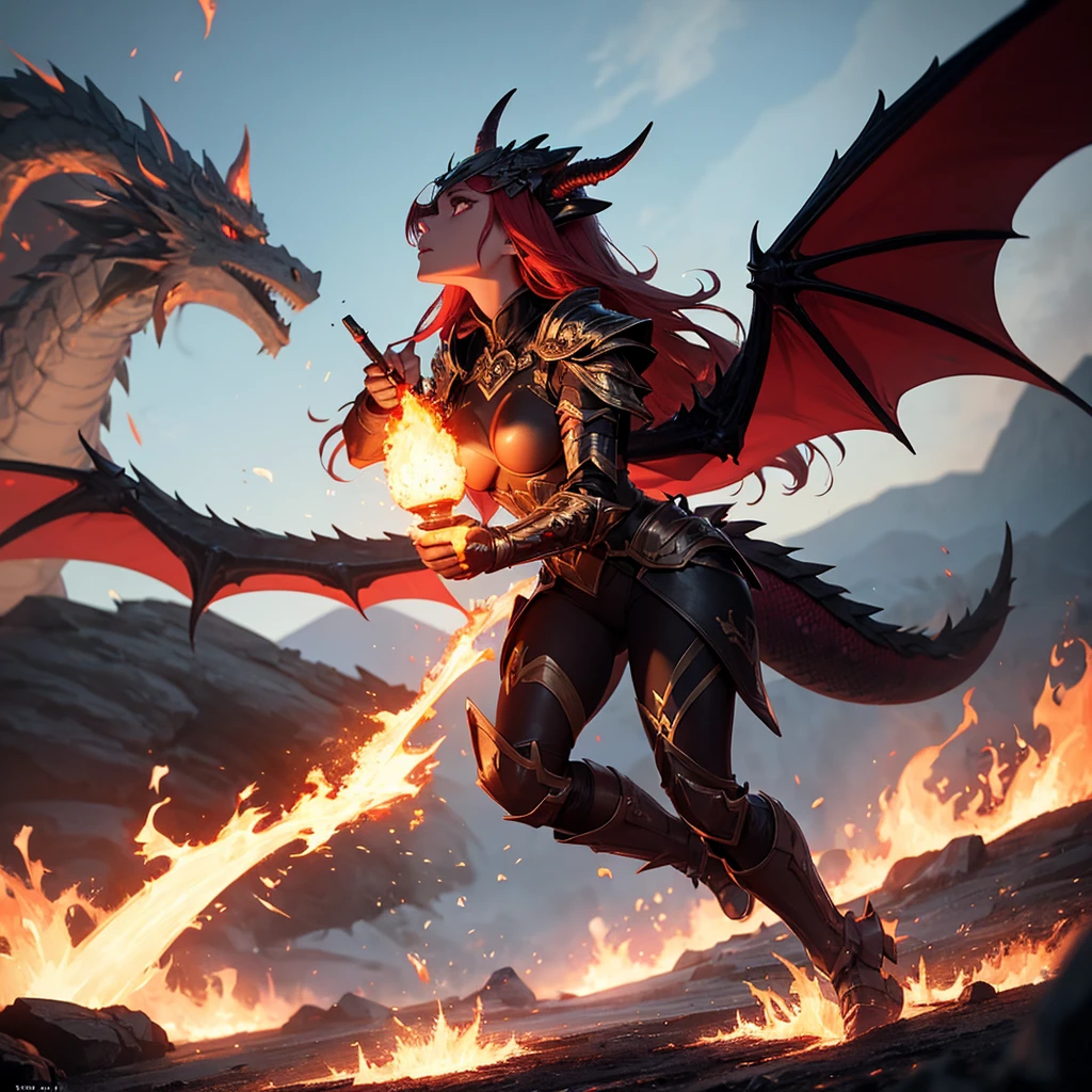 Flammen brennen hinter einer Frau im Bikini und einem Drachen, Epische Fantasy Digitale Kunst, 4K-Fantasy-Kunst, Epische Fantasy-Kunst, Epischer digitaler Fantasy-Kunststil, Epischer Fantasy-Kunststil HD, Episches Fantasy-Artwork, Fantasy Epische digitale Kunst, Atemberaubende fotorealistische Konzeptzeichnungen, Hyperrealistische Fantasy-Kunst, Epische VFX-Aufnahme, 8k Fantasy-Kunst, Fantasy Art Behance