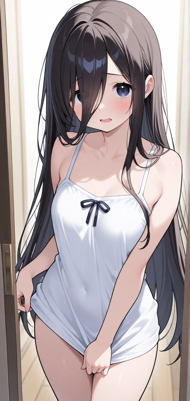 (8K、highest quality、masterpiece:1.2)、Super detailed、super resolution、Realistic、(1girl)  、(black hair)、long hair,straight hair,red eyes、forehead,(face focus,cowboy shot),(white camisole white panties)、(clear face:1.3),cute face,blush、large breasts,(background is flowers only ),