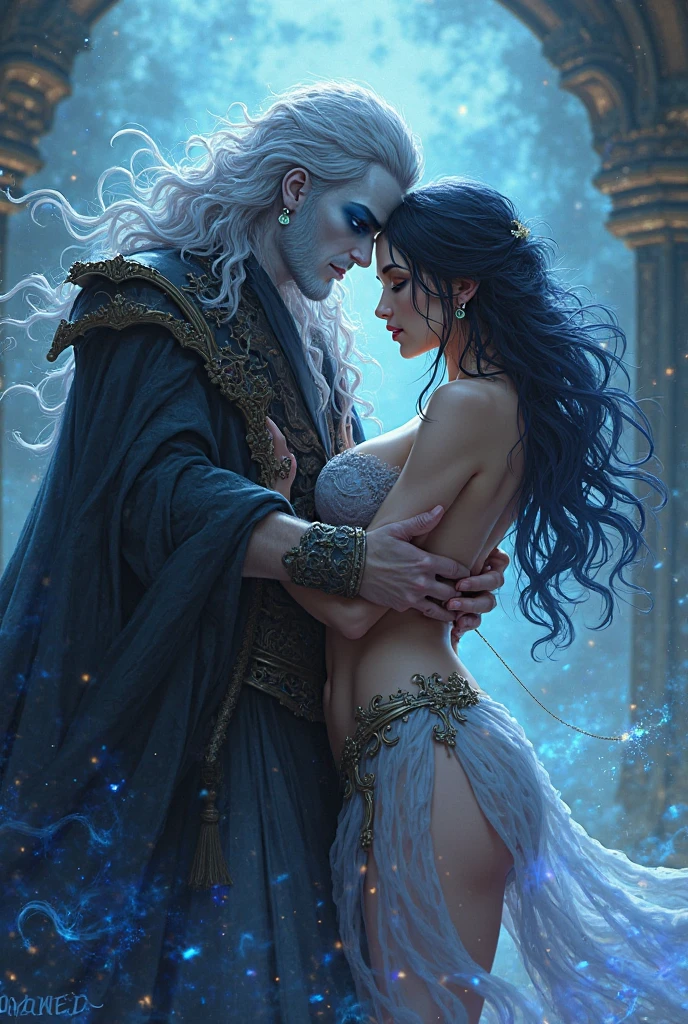 a very handsome androgynous man(woman face) with long blue hair wizard clothes refined kissing a very pretty woman with blue hair with big boobs and large hips