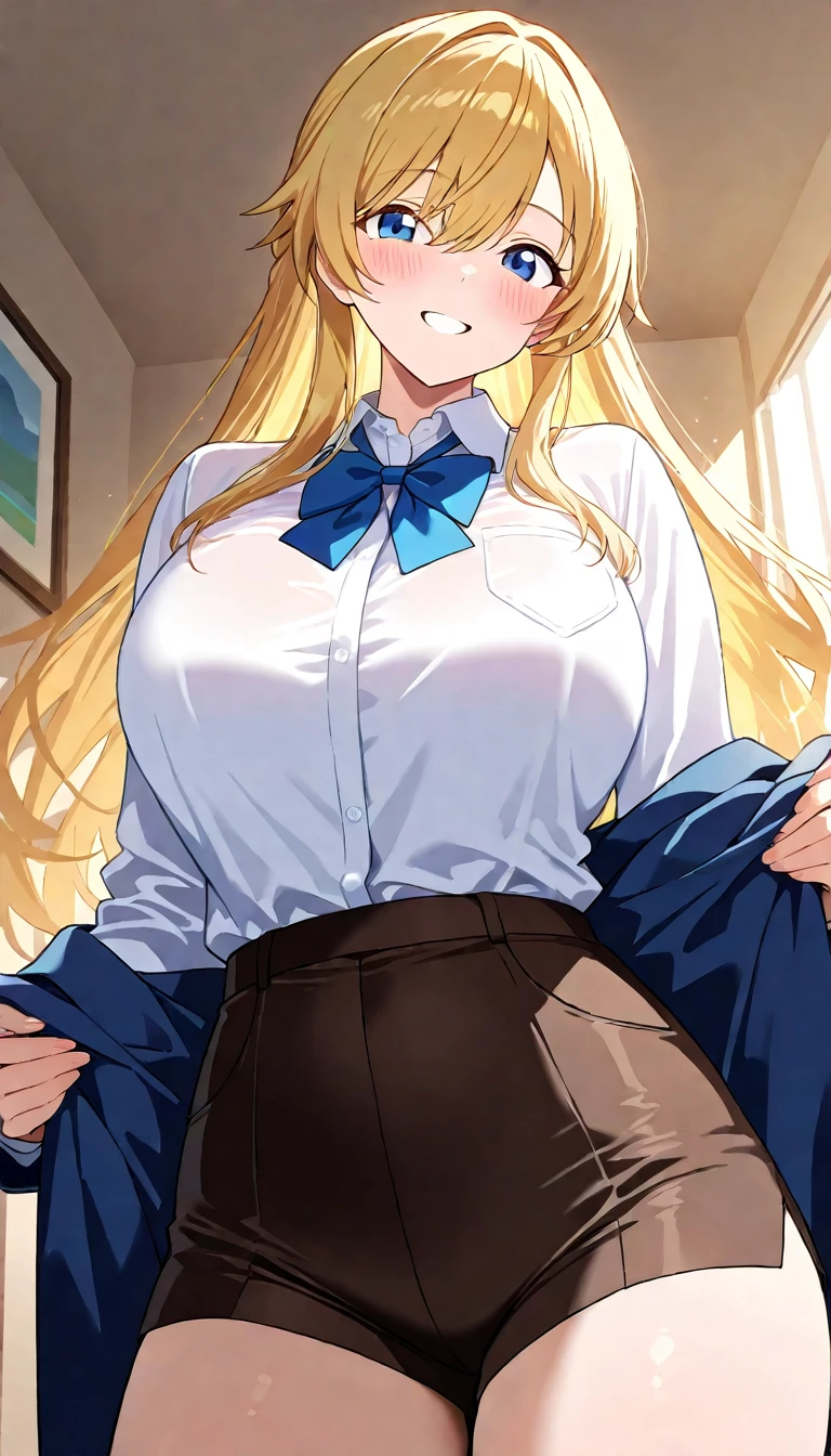 ((Best Quality)), ((Masterpiece)), (detailed), 1 girl, Pastel yellow hair, long hair, hair covers one eye, purple eyes, big breasts, big thighs, expression smiling shy, white button-down t-shirt, purple skirt, brown pantyhose