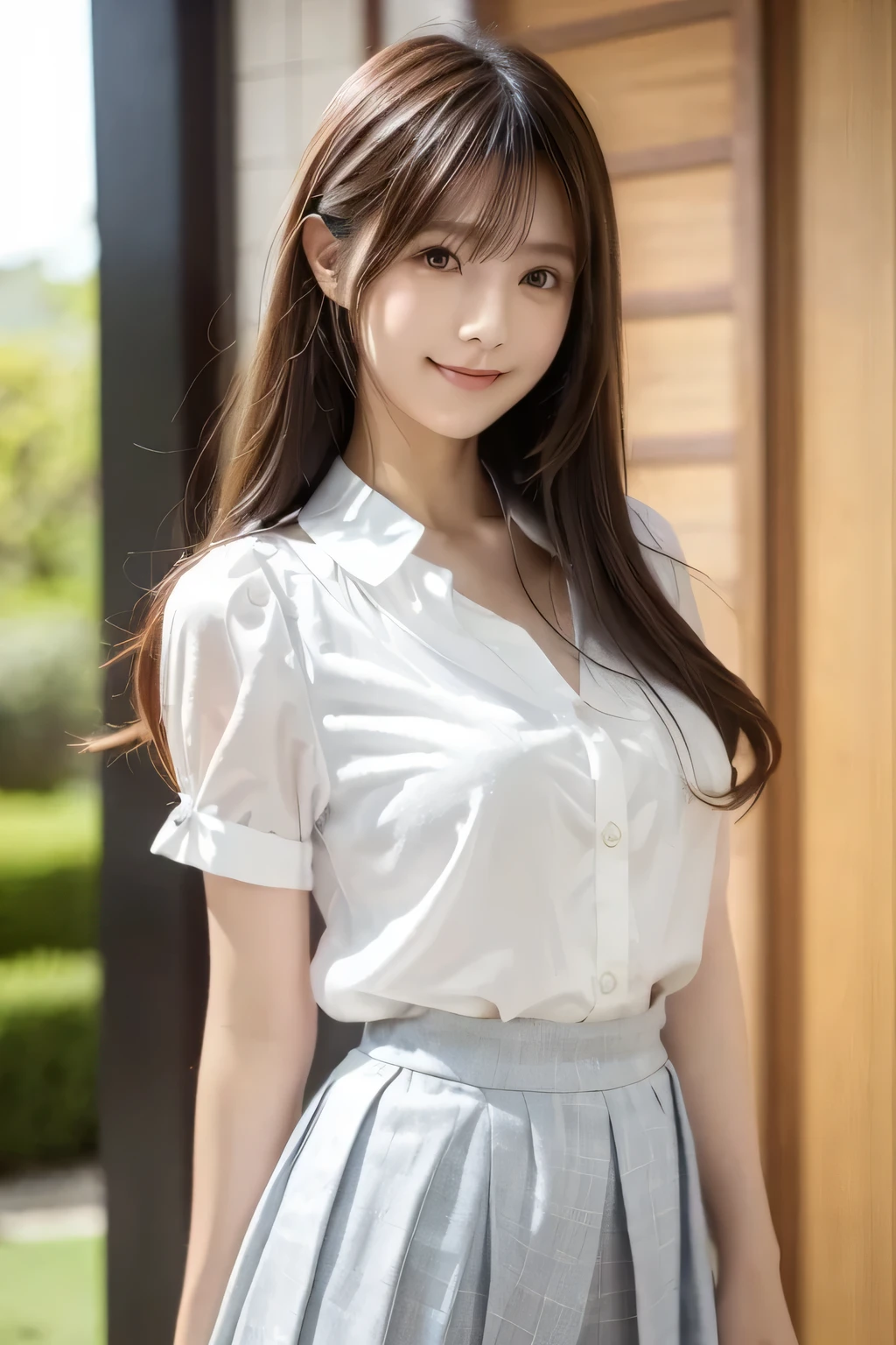 What Japanese model is J wearing a white blouse and gray skirt、White Short Sleeve Blouse、Chest Valley、large frill color、White top、LOOSE FIT BLOUSE、casual style、Staring at the camera、Beautiful and detailed eyes、cute smile、soft and gentle expression