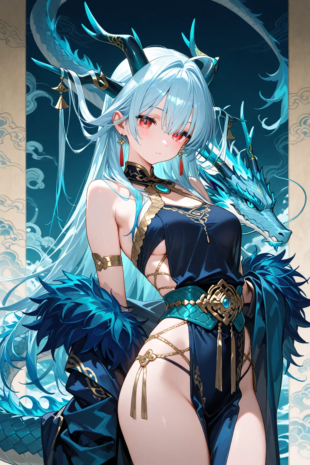 ((masterpiece)),(best quality),official art,extremely detailed CG,unity 8k wallpaper,ultra detailed,1girl,solo,cowboy shot,very_long_hair,blue_hair,black_shorts,smile,pointy_ears,braid,jewelry,dragon_horns,blue_eyes,looking_at_viewer,earrings,ankle_boots,yellow_necktie,open_coat,white_coat,large_breasts,thigh_strap,long_sleeves,white_footwear,dragon_tail,multicolored_hair,dragon_girl,wide_sleeves,black_gloves,white_shirt,bangs,elbow_gloves,<lora:Ling(ark)>,