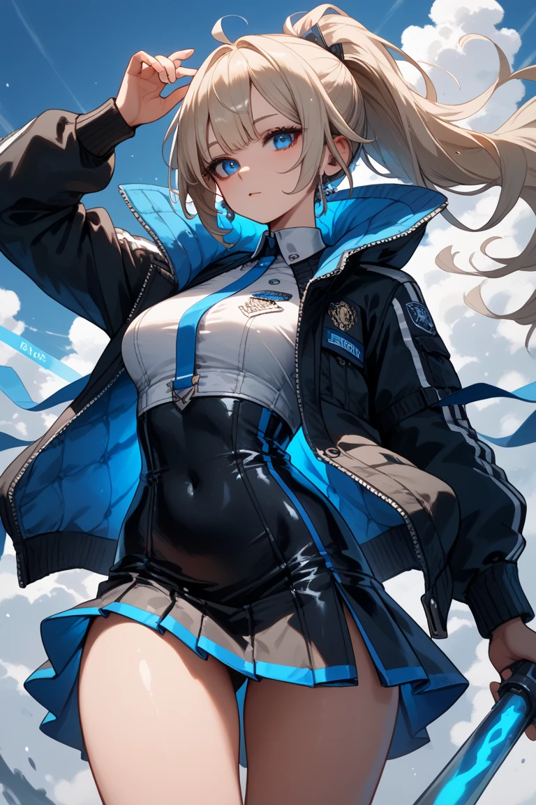 (blcrazln), (masterpiece:1.3), best quality, high quality, absurdres, detailed, 1girl, solo, twintails, goggles, blue bodysuit under cropped jacket, fur trim, two-tone gloves, large breasts, (arms behind head), on back, lying, (spread legs), blush, naughty face, red eyes, mountain, snow, <lora:blcrazln_v03e1:q>