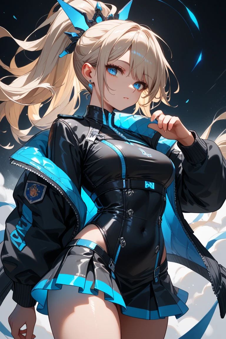 Blonde single ponytail，eBlue eyes，white helmet，There is a blue star on the helmet，Red shoes，Blue and white color matching clothes，best qualtiy，4k画质，Highest image quality