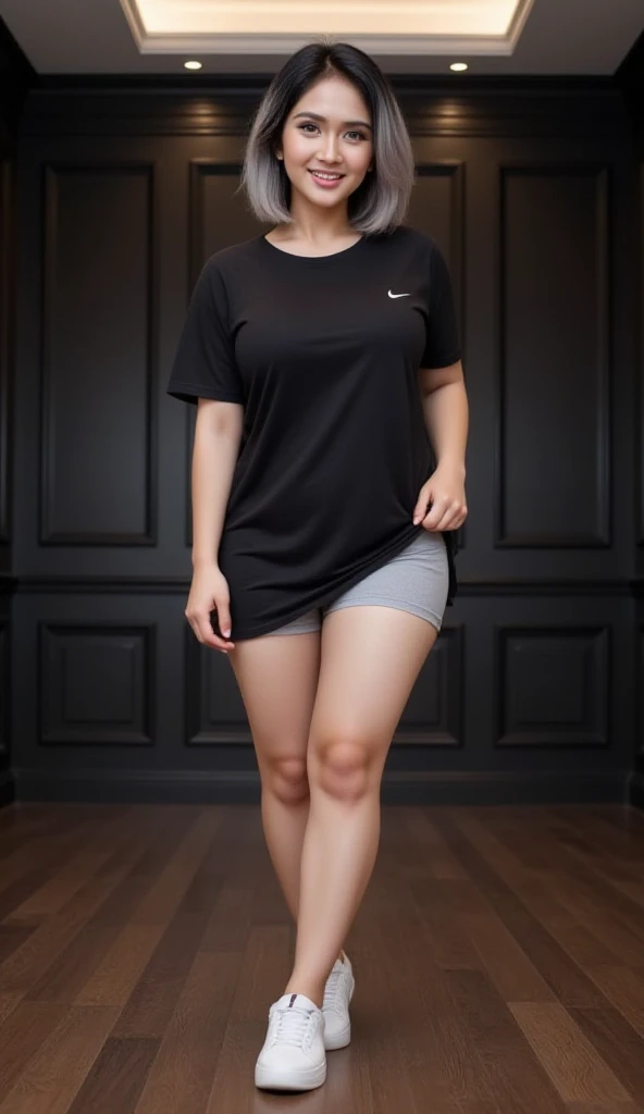 woman, 5'6", almond hazel eyes, long lashes, browline glasses, upturned nose, heart-shaped lips, douyin makeup, brown straight hair, bangs, pale skin, D-cup, small waist, big hips, round butt, thick thighs, white crop top, black lycra shorts, Nike Air Force 1 sneakers
