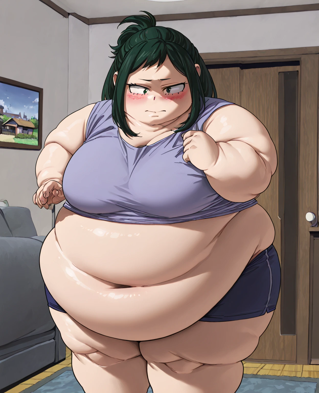 Anime Women, Lady、Black Hair, Forehead、Hair tied up、Long braids down to the waist、Glasses、Brown eyes、Are fat、Chubby、Voluptuous、obesity、Double chin、Cheek、Fat-covered neck、Big Breasts、Thick upper arms、tall、Deunitard、tights、、Sweat、blush