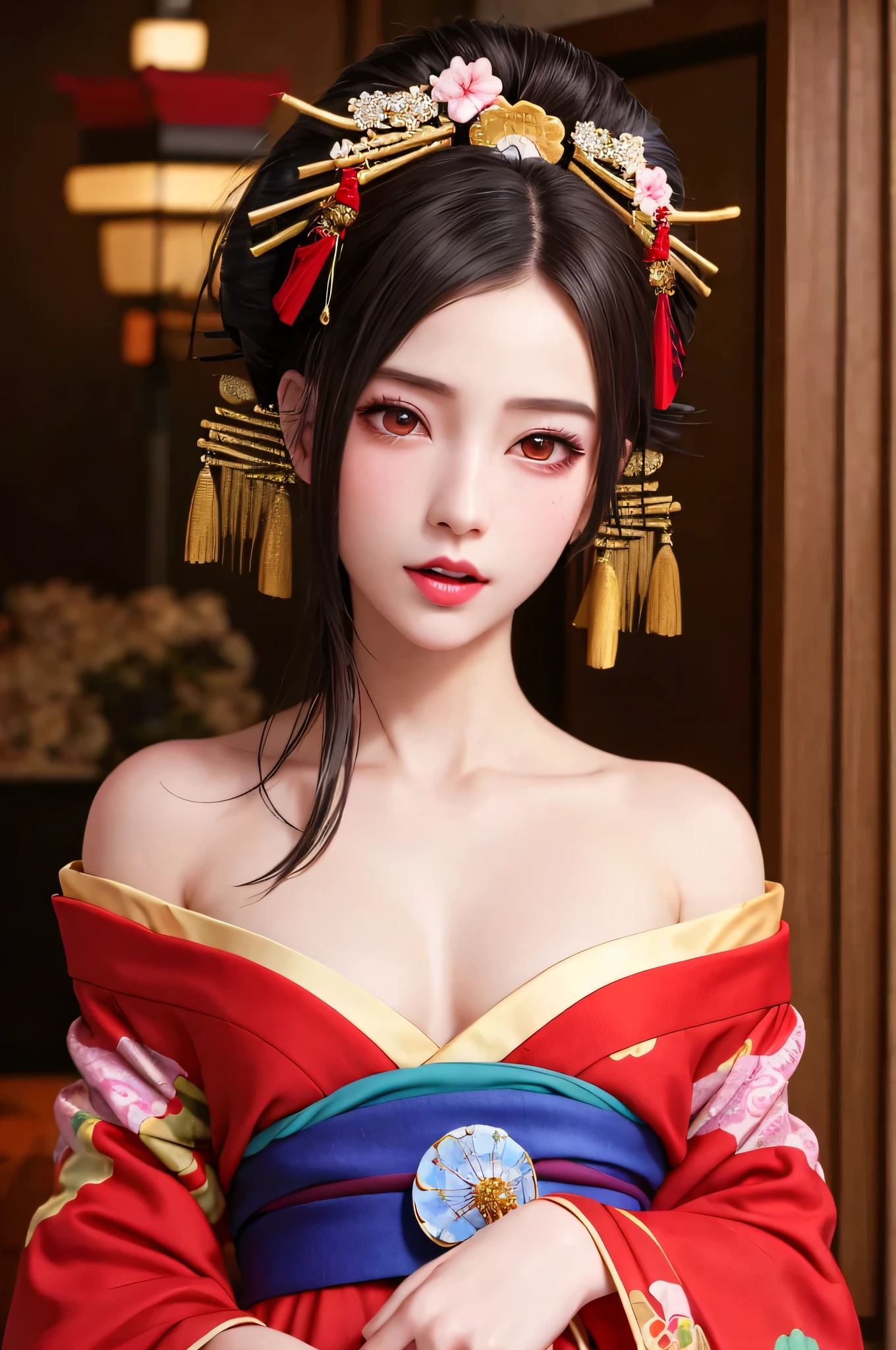 ((highest quality, 8k, masterpiece: 1.3)), Sharp focus Beautiful woman with perfect body, Slim abdomen, Highly detailed face and skin texture, Fine grain, ((Chinese traditional clothing,Red and white Hanfu,The length is short,Off the shoulder),Ancient Chinese Princess)),Ample breasts,Black Hair, Hair ornament studded with small jewels, Slender body, Panty strings exposed,