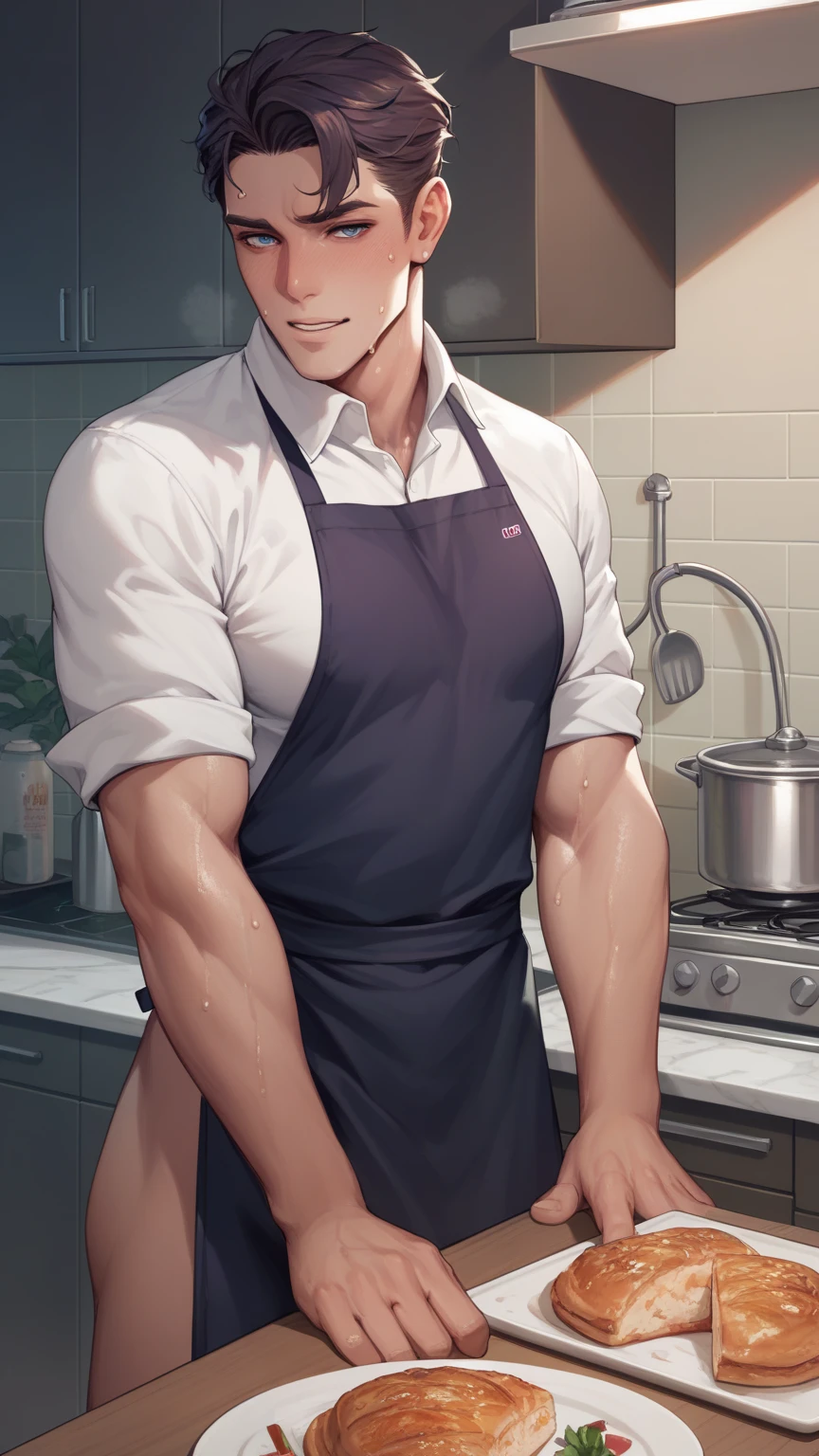 vane /(granblue fantasy/)、muste piece, ,NSFW,best quality,male,solo,beautiful detailed skin、Glittering oiled skin,blush、(white shirt,black apron, cafe uniform,detailed face,blush,Panting、泣いている,orgasm:1.2), complicated and elegant、sexy、 Strong muscles、spread legs,(anal,penis,sex,projectile cum,semen,:1.3),kitchen
