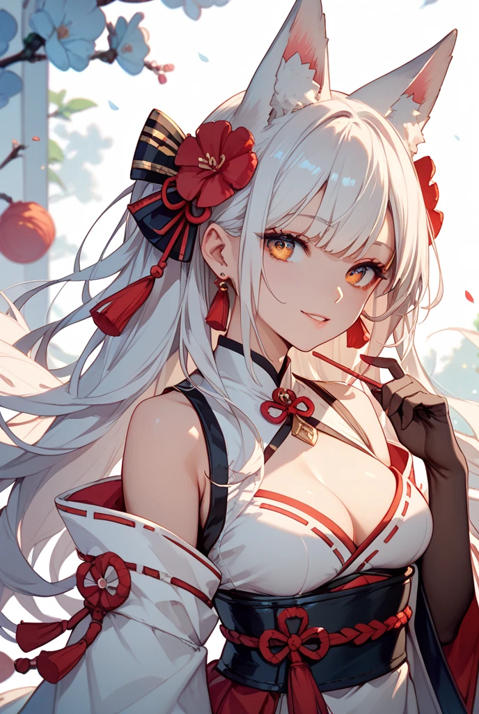 Stunning masterpiece, best image quality, super detailed, full of floating, high definition, a girl in cheongsam, beautiful figure, white hair, red eyes (1.2), dynamic posture, white and red flowers, cloudy and misty, watercolor effect, perfectly depicted.