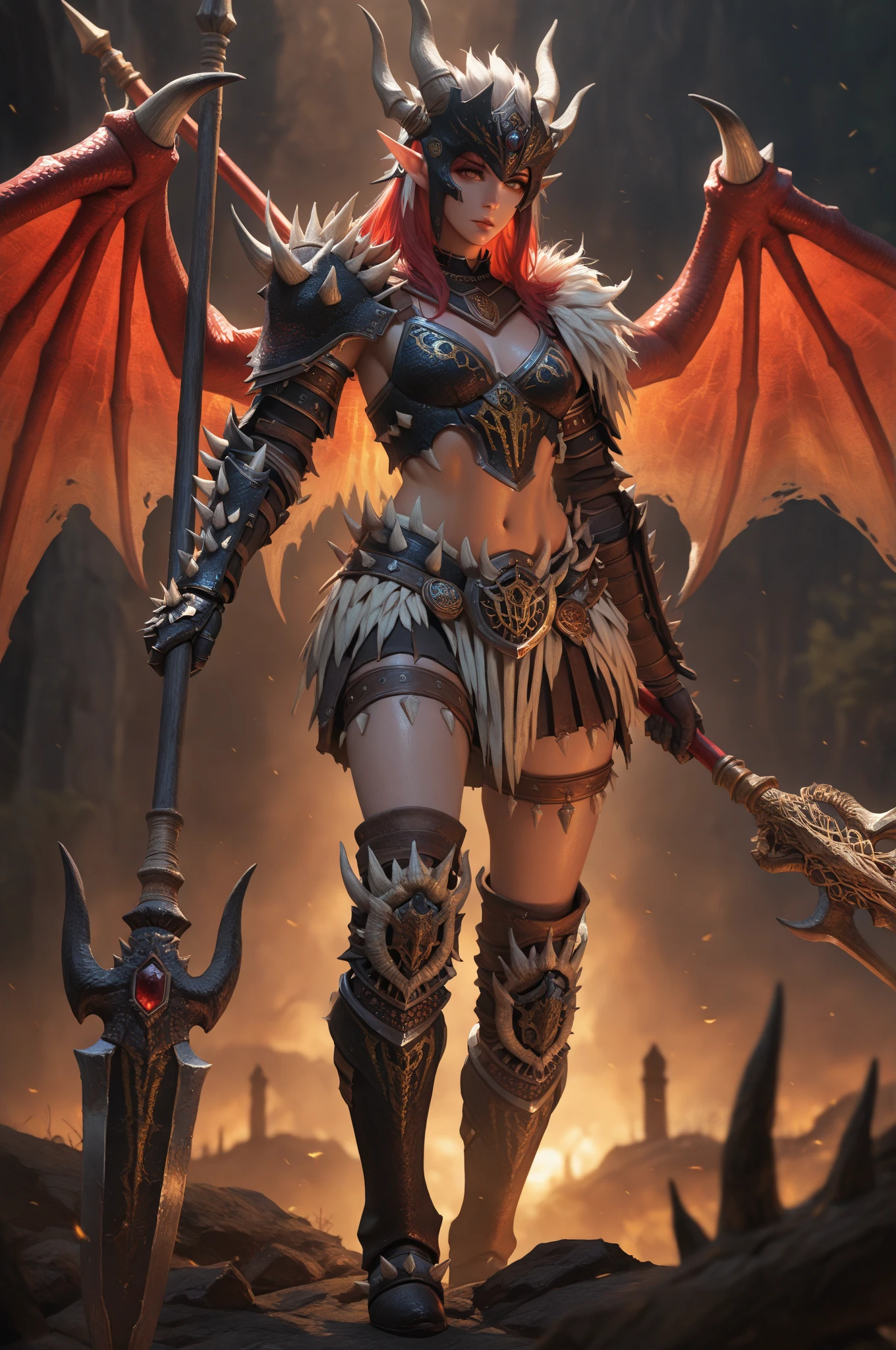(medium full shot) of (fatal demon with black wings adorned with sinister glowing runes glowing) young woman, petite build, short red french Crop hair, black american, dark skin, white eyes, wearing horned helm crafted from blackened steel, Sapphire-blue demon armor featuring a scale-like texture, a low-cut bodysuit, armored leggings, platform boots, winged pauldrons gauntlets, wielding a sacrificial dagger engraved with infernal runes, set in Abyssal Arena, Massive cavernous space with jagged rock formations jutting from the ground, lava bubbling ominously in the distance, ominous chanting echoing off the walls, gladiatorial rings surrounded by cheering demons, the clash of weapons filling the air with tension , at sunset, ,Masterpiece,best quality, photo, realistic, very aesthetic, detailed face,