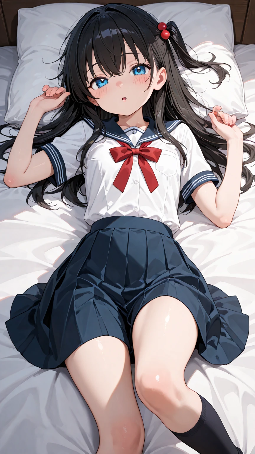 (Very detailed CG Unity 8K 壁紙),(masterpiece), (Highest quality), (Very detailed), (Best illustrations),(Best Shadow)、One girl、very delicate underwear、(Tortoiseshell binding)、School、Sailor suit、Lying on your back on a bed in the infirmary、